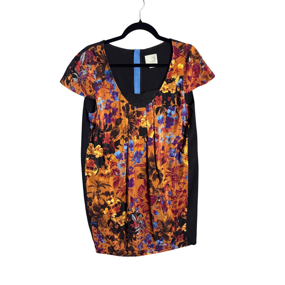 Maeve Women Dress Medium Petite Black Orange Floral Silk Front Shift Boho